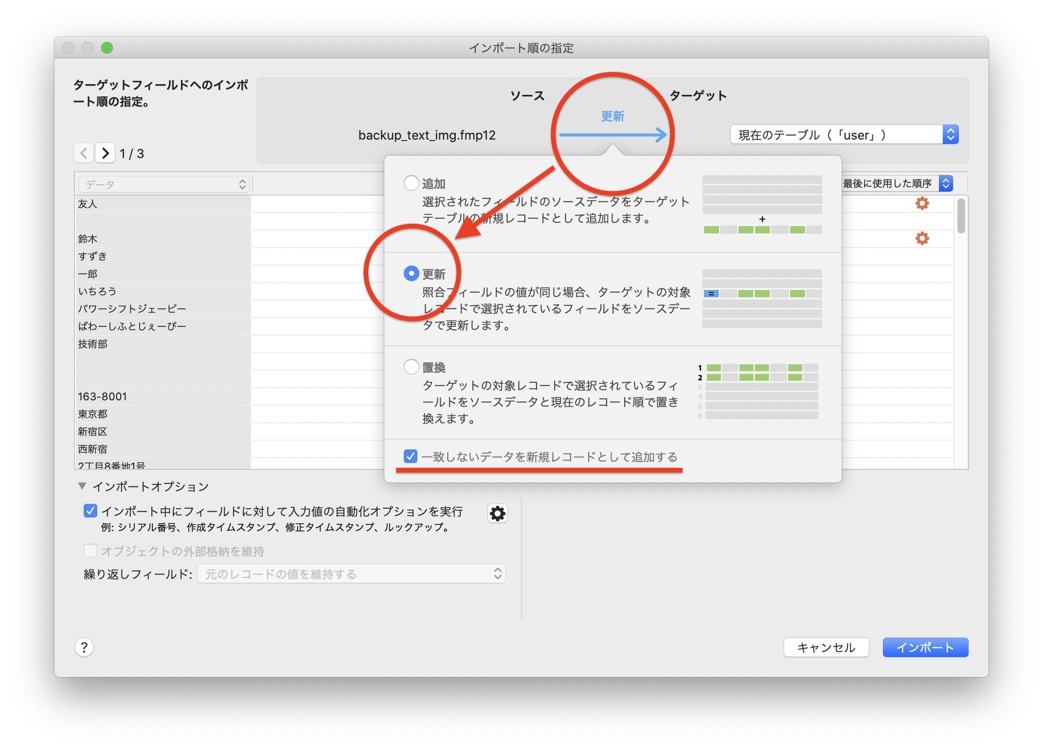 インポート, 一致するレコードを更新するには? - PowerAddress